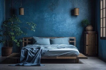 Fototapeta na wymiar Japanese blue bedroom with wabi sabi bed and decorative plants. Generative AI