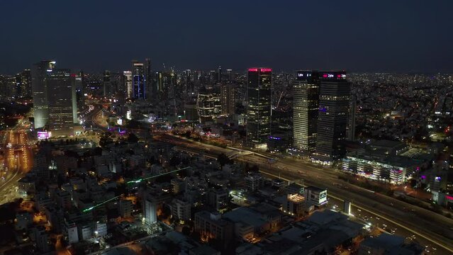 Tel Aviv skyline aerial drone view business city center 4k, Israel night