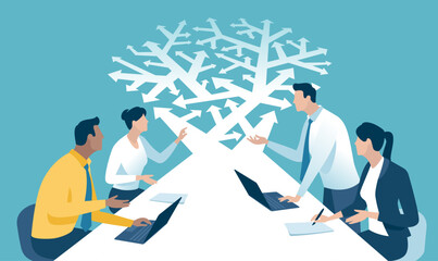 Decision. Option. Selection of a direction. A business team looks at arrows pointing to many directions. Concept business vector illustration
