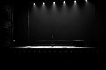The empty stage of a classical theater under spot lights in the darkness, with a front row of chairs, seen from a distance. Generative AI.
