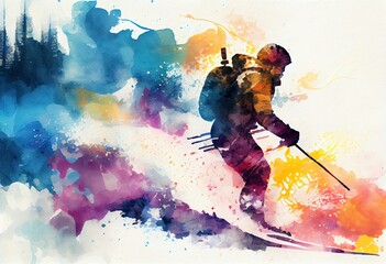 Watercolor Illustration of a Abstract Art. Colorful Painting Art Of A Skier In Abstract Landscape. Background Illustration. Generative AI