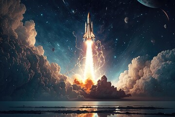 Naklejka premium Billowing clouds of smoke and fire propel rocket launching into space, generated by AI.