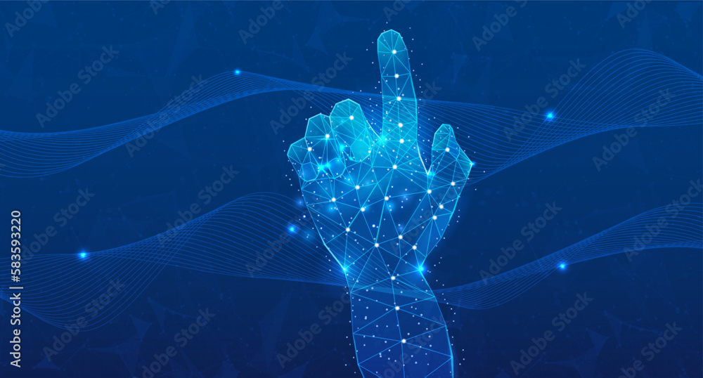 Poster Abstract low poly hand wireframe reach to the sky, cyberspace with fluid dynamic wave element background concept vector.
