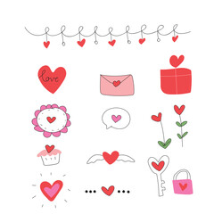 Cute love set hand drawn doodles for the Valentine's day. 