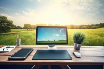 a desktop mockup, template, a computer on a desk with a white blank screen, a keyboard, a mouse, and a notepad with pens and pencils in the backdrop, and a green meadow, tree, grass, and sky