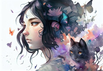 Watercolor Illustration of a Anime Girl With Black Hair And Cat, Fantasy Digital Art, Butterflies In Background. Generative AI