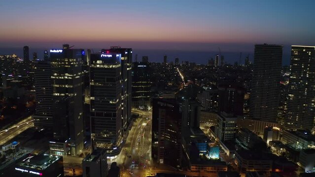 Tel Aviv skyline aerial drone view business city center 4k, Israel night