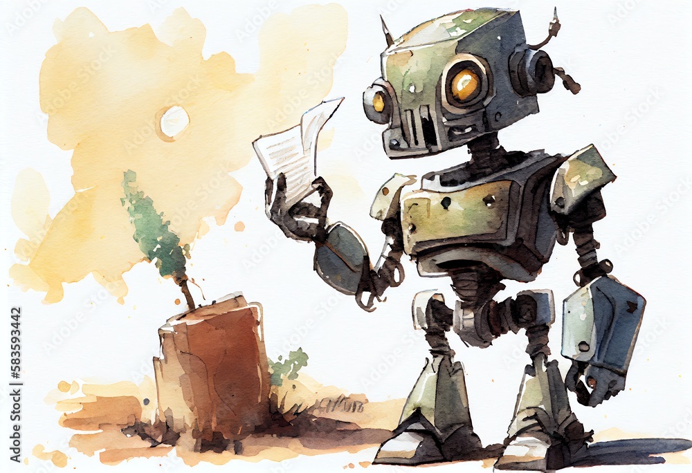 Poster watercolor illustration of a chatgpt robot learning and answering questions. generative ai