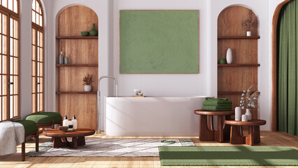 Wooden bathroom in boho style with arched door and windows, parquet floor. Freestanding bathtub, carpets and tables in white and green tones. Modern interior design