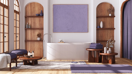 Fototapeta premium Wooden bathroom in boho style with arched door and windows, parquet floor. Freestanding bathtub, carpets and tables in white and purple tones. Modern interior design
