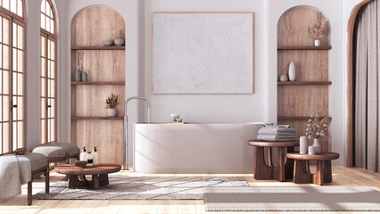 Bleached wooden bathroom in boho style with arched door and windows, parquet floor. Freestanding bathtub, carpets and tables in white and beige tones. Modern interior design