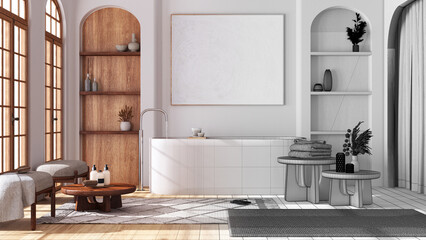 Architect interior designer concept: hand-drawn draft unfinished project that becomes real, wooden bathroom in boho style with arched door and windows, parquet floor. Modern style