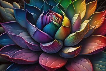 Striking contrast of vibrant rainbow lotus flower against black background emphasizes its beauty, generated by AI.