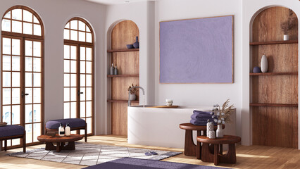Modern wooden bathroom with parquet and arched windows. Freestanding bathtub, carpets and armchairs in white and purple tones. Boho style interior design