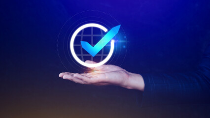 Quality Assurance Control Standards, Hand shows the sign of the top service Quality assurance,...