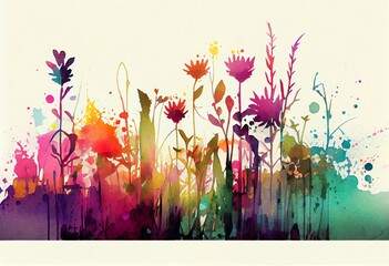 Watercolor Illustration of a Colorful Abstract Flower Meadow As Panorama Background. Generative AI