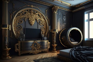 A bedroom with a luxurious and opulent design, featuring a prominent gold color scheme. Generative of AI