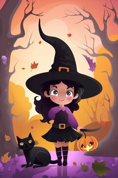 Halloween cartoon witch with a pumpkin and a black cat