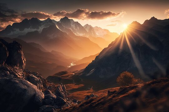 The sun rising over a mountain range, casting long shadows and illuminating the landscape with a golden glow. Generated by AI
