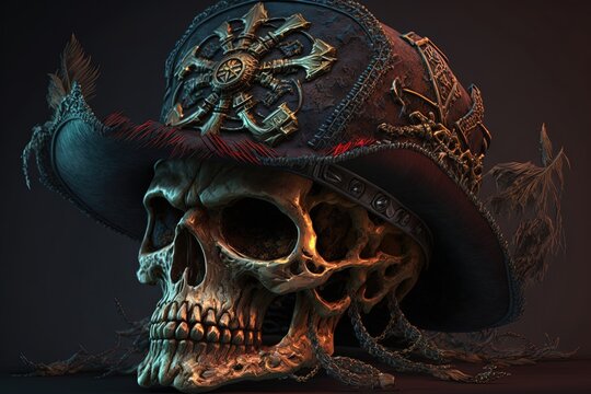This pirate skull wearing a red bandana and a pirate hat with a skull and crossbones symbol is the quintessential image of a pirate. Generated by AI