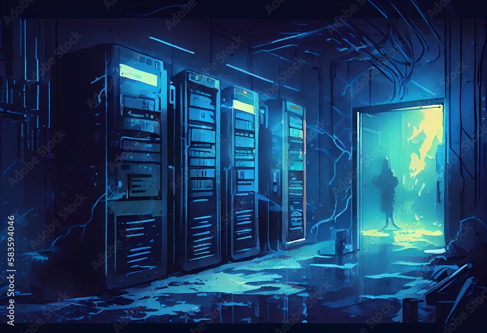 Poster watercolor illustration of a dark servers data center room with computers and storage systems and bl