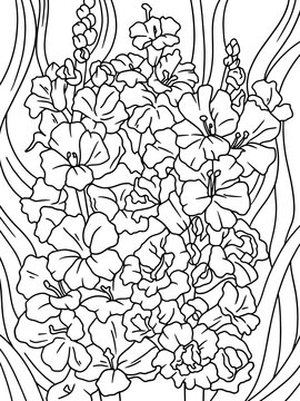 Coloring bouquet exotic flowers hand drawn illustration. Freehand sketch for adult antistress coloring page with doodle and zentangle elements.