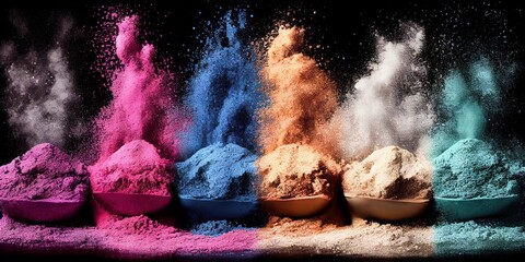 Colorful powder explosion abstract background. Colored sand dust texture. Ai generated decorative Colorful holi festival paint powder horizontal illustration.