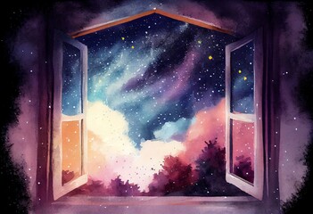 Watercolor Illustration of a Galaxy Sky View Through Big Bedroom Windows, Midnight Time, Idea For Imagination And Dream Concept. Generative AI