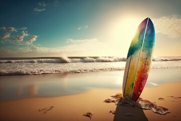 A retro-style surfboard adorned with a bold pattern, resting on the warm sand of a tropical beach. Generated by AI