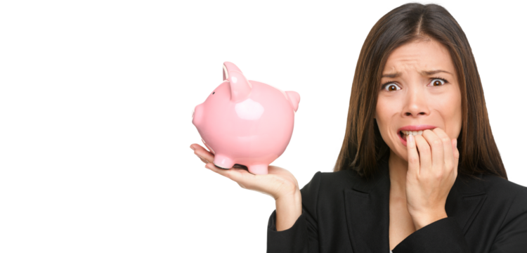 Financial crisis. Fear of bank run concept. Is my money safe. Money stress - business woman holding piggy bank. Debt, bankruptcy, savings. Stressed businesswoman biting nails nervous isolated PNG. - Powered by Adobe