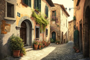 Fototapeta na wymiar A narrow street in a rustic Italian village, with old stone buildings and flower-filled balconies. Generated by AI