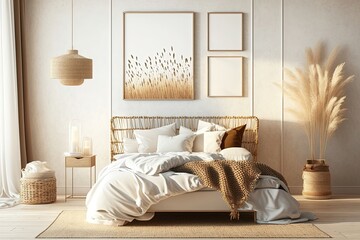 A bright room with a queen-size bed, surrounded by soft pastel colors that create a serene and calming atmosphere. Generated by AI