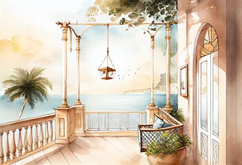 Watercolor Illustration of a Luxury House Veranda With Hanging Swing And Sea View. Generative AI