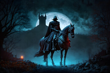 Naklejka premium Medieval knight with horse at night. Generative AI