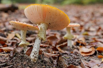 Macro shot of the red Amanita mushroom with white dots on ground with dried leaves