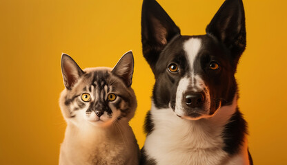 Portrait of a cat and dog in front of bright yellow background, Generative Ai