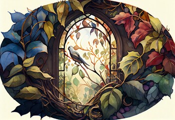 Watercolor Illustration of a Painting Of Stained Glass Window Surrounded By Leaves. Generative AI