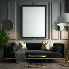 Mockup czarnej ramki na szarej ścianie luksusowego salonu z czarną sofą. Nowoczesny design wnętrza. Renderowanie 3D, ilustracja 3D. Generative AI.