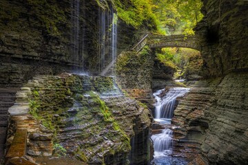 Beautiful shot of the historic Watkin's Glen cascading waterfall in the fall