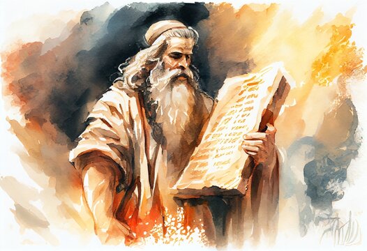 Watercolor Illustration of a Prophet Moses With Stone Tablet Painting. Generative AI