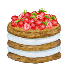 Birthday strawberry cake. Watercolor holiday clipart for design of postcards, greeting cards, invitations, menus, logos, fabric prints. Wedding, birthday, anniversary design.
