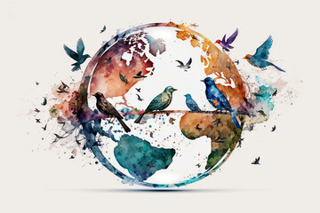 Planet earth with nature and birds flying and watercolor style. generative AI.