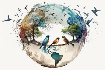 Planet earth with nature, water and birds flying and watercolor style. Generative AI.