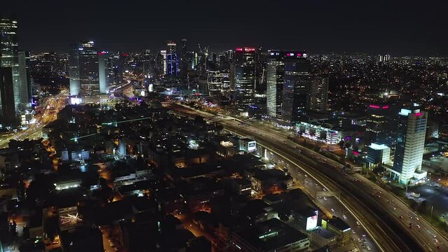Tel Aviv skyline aerial drone view business city center 4k, Israel night