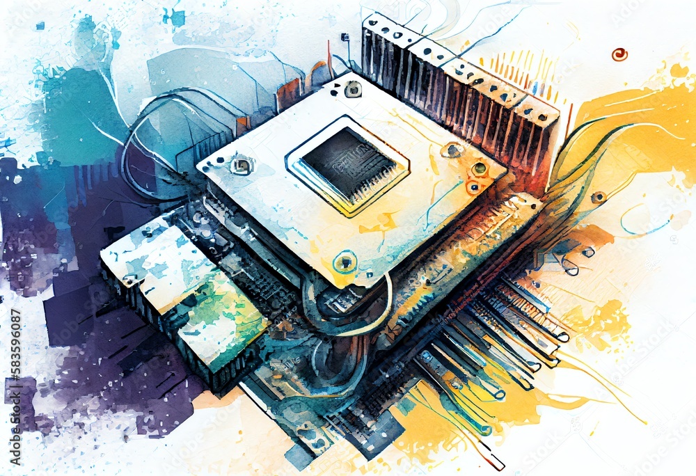 Poster watercolor illustration of a technology background. central computer processors cpu concept. motherb