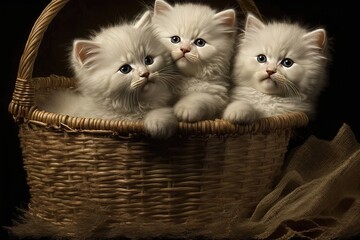 A three adorable kittens nestled together in a cozy basket. Generative AI