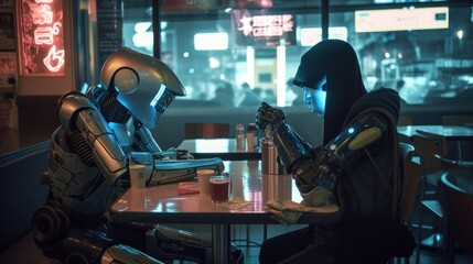 Fototapeta na wymiar Two robots sitting at a table in a night club. Generative AI