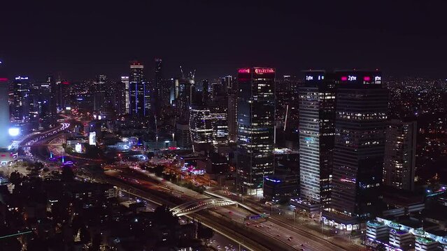Tel Aviv skyline aerial drone view business city center 4k, Israel night