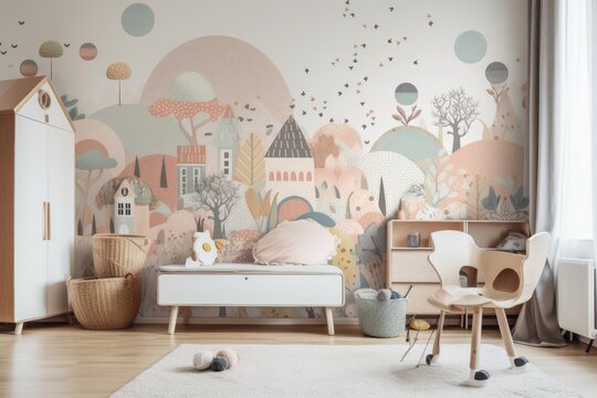 illustrative wallpaper mockup in a kids' room. Generative AI
