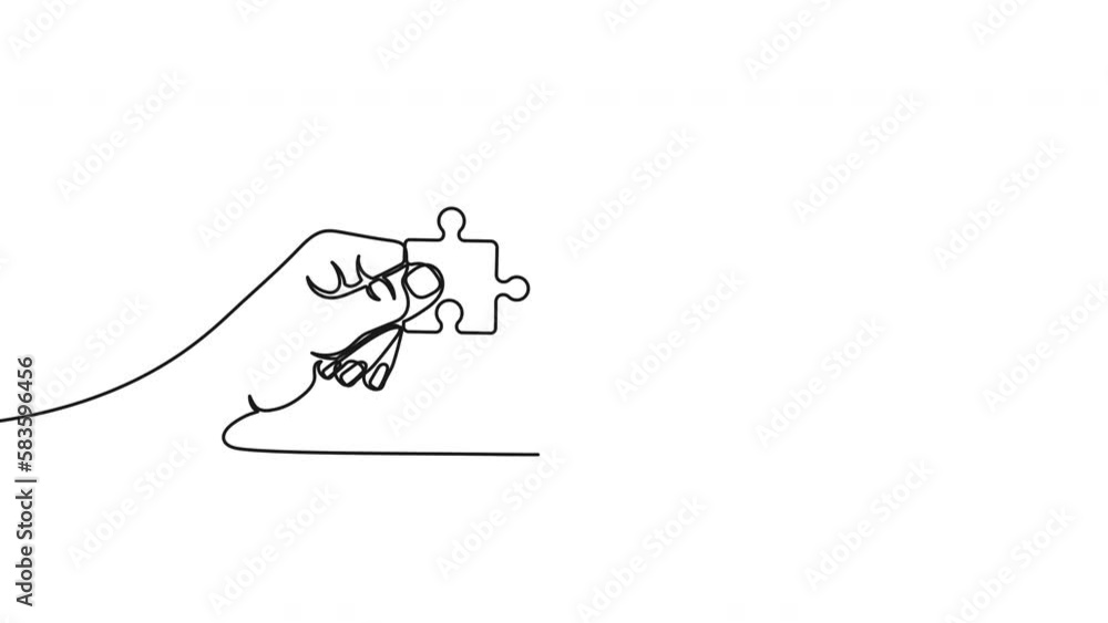 Poster two hands holding jigsaw puzzle pieces to put them together, drawing with one continuous line. one l